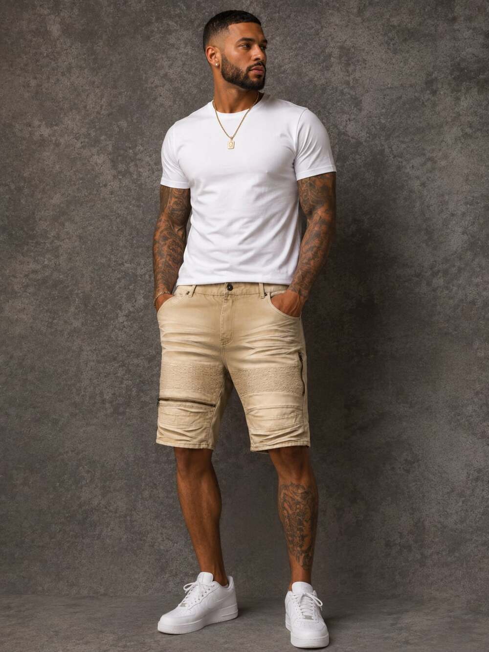 Beat & Rhythm Biker Denim Shorts Khaki with Pleated Panels and Zipper Accents